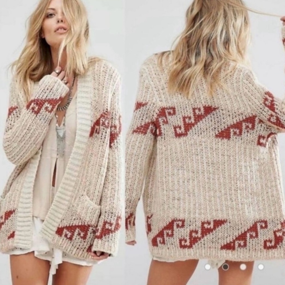 Free People “Time and Again” Wool Blend Tan Patterned Cardigan